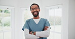 Face, black man and surgeon with arms crossed, happy and pride for healthcare in hospital. Portrait, medical professional smile and confident African nurse, employee in glasses and worker in Nigeria 