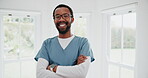 Face, black man and nurse with arms crossed, smile and pride for healthcare in hospital. Portrait, happy medical professional and confident African surgeon, employee in glasses and worker in Nigeria 