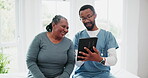 Consulting, senior woman and black doctor with tablet for healthcare, research or results at hospital or clinic. Medical, professional or person with touchscreen for communication, wellness or report