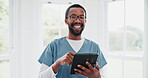 Smile, tablet and a black man physiotherapist in an office or healthcare treatment or rehabilitation. Portrait, physiotherapy and a happy young medicine professional in a clinic for recovery research