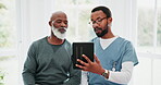 Consulting, senior man or black doctor with tablet for healthcare, research or results at hospital or clinic. Medical, professional or person with touchscreen for communication, wellness or report