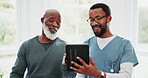 Consultation, elderly man or black doctor with tablet for healthcare, research or results at hospital or clinic. Medical, professional or person with touchscreen for communication, wellness or report