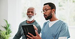 Consultation, elderly black man or doctor with tablet for healthcare, research or results at hospital or clinic. Medical, professional or person with touchscreen for communication, wellness or report