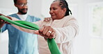 Physiotherapy, hand and resistance with a black woman in a clinic for rehabilitation or recovery from injury. Consulting, healthcare or medical with a physiotherapist and client strength assessment