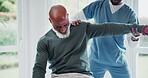 Nurse, dumbbells and physiotherapy of elderly black man, exercise or rehabilitation. Caregiver, pain and weightlifting, help and fitness in recovery for health, muscle stretching and physical therapy