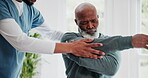 Elderly man, physiotherapy and stretching arm with home workout support or fitness for physical therapy or healthcare. Medical nurse, doctor or orthopedic help senior patient, muscle health and pain