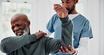 Elderly man, physiotherapy and shoulder pain, stretching support and helping in physical therapy and healthcare. Medical nurse, doctor or orthopedic with senior patient for  muscle health and service