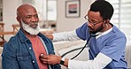 Nurse, stethoscope and heart or health of senior man for home care, nursing support and medical exam on sofa. Cardiology, retirement and african patient with doctor for breathing test and healthcare