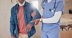 Hands, arm and a volunteer helping a patient in an assisted living home for healthcare assistance. Medical, balance and a caregiver walking with a senior person in retirement for nursing care