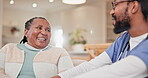 Happy old woman, support or caregiver talking in nursing home, retirement clinic for wellness or health advice. Nurse, funny black man or senior patient speaking to doctor for medical rehabilitation 