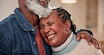 Happy, hug and a senior couple talking with love, relax and a joke together. Smile, elderly and an African man and woman with care, marriage communication and laughing about a funny story in a house