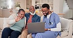 Video call, laptop and doctor with senior couple on sofa in living room for telehealth. Healthcare, computer and African caregiver with elderly people in retirement for medical consultation at home.