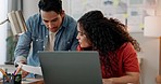 Laptop, documents and teamwork with designer people in an office, talking about a creative idea for a project. Collaboration, creative and a young employee team brainstorming an artistic design