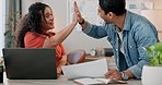 Business people, high five and teamwork for documents, paperwork or data analytics report in office success. Analyst or manager with statistics feedback, congratulations and hands together for goals