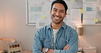 Business man, arms crossed and face with creative worker and smile from graphic designer job. Happy, male professional and portrait with entrepreneur employee at a startup with career confidence