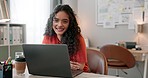 Laptop, design and creative with a woman in a small business office working on an artistic project. Portrait, computer and smile with a happy young designer in the workshop of a startup company