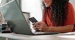 Phone, laptop and woman in the office networking on social media, mobile app or the internet. Research, technology and female person scroll on online website with cellphone and computer in workplace.