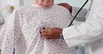 Senior man, doctor and hands listening to heart beat, rate or breathing in cardiology with patient at hospital. Closeup of medical professional or surgeon checking respiratory on client for checkup