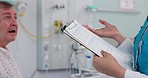 Senior man, doctor and consultation with prescription, results or diagnosis with patient at hospital. Elderly man listening to nurse or medical professional with health plan for healthcare at clinic