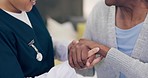 Closeup, doctor and patient with hands for assistance after recovery, rehabilitation or care in hospital. Diversity, nurse and elderly person for help by trust, support or comfort with physiotherapy