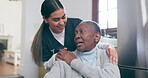 Healthcare, smile and a nurse talking to an old woman in a wheelchair for trust, care or assistance. Medical, support and a happy young caregiver chatting to a senior patient with a disability