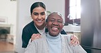 Face, doctor and patient with smile in nursing home for rehabilitation, care or wellness in health. Diversity, caregiver and elderly person for happiness, excitement or joy in expression of recovery