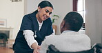 Medical, smile and a volunteer talking to an old woman in a wheelchair for trust, care or assistance. Healthcare, support and a happy young nurse chatting to a senior patient with a disability