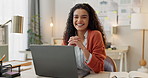 Happy creative woman, laptop and career ambition for success, management or startup at office. Portrait of female person smile on computer for positive mindset or leadership in happiness at workplace