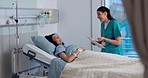 Happy woman, doctor and patient on bed in checkup for healthcare, diagnosis or results at hospital. Female person, nurse or medical employee talking to customer for health advice or help at clinic