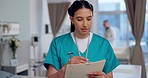 Woman, doctor and writing prescription for medical history, diagnosis or healthcare appointment at hospital. Female person, assistant or nurse taking notes or filling in patient form or application