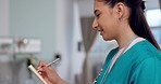 Woman, doctor and hands writing prescription for medical history, diagnosis or healthcare appointment at hospital. Female person or nurse taking notes or filling in patient form or clinic application