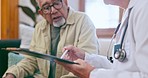 Doctor, patient and consultation in elderly care for life insurance, health advice or retirement at home. Closeup of medical surgeon or nurse consulting senior man on prescription, diagnosis or plan