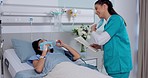 Nurse, face mask and remove for patient in virus recovery success, good news or healthy wellness in hospital. Smile, talking and medical doctor with woman in clinic bed, test results paper or support