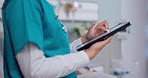 Woman, hands and doctor with tablet in research, communication or social media at hospital. Closeup of female person, nurse or medical professional working on technology for online search at clinic