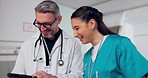 Doctor, nurse and tablet with hospital documents for healthcare management, training and student support. Medical student, people or mentor in funny conversation, digital results and clinic teamwork 