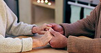 Prayer, holding hands or old couple with support, trust or hope in marriage commitment at home. Zoom, comfort or senior man bonding to relax with an elderly woman on anniversary for love or care 