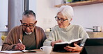 Writing, old couple and bible in home for faith, religion or God with notes for worship in notebook. Studying Jesus Christ, holy books or Christian people learning literature or spiritual prayer 