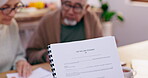 Old people, last will and testament with paperwork for life insurance and asset management, retirement and finance. Couple with legal document, folder and compliance with policy, contract and notary