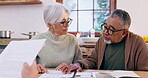Senior couple, documents or contract for will, life insurance or home mortgage in discussion together. Policy, signature or elderly man or woman signing legal paperwork for assets or loan application