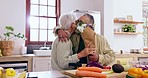 Surprise, hug or senior couple with flowers in home on a marriage anniversary celebration on holiday. Wow, happy or romantic mature man talking or giving woman a gift or bouquet present for love