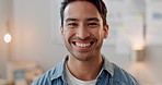 Happy, laugh and face of asian man in a living room with humour, joke or positive attitude at home. Smile, portrait and funny Japanese male in his house relax on the weekend with me time and chilling