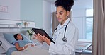 Happy woman, doctor and tablet in medical research, healthcare or Telehealth communication at hospital. Female person, nurse or surgeon on technology for networking, study or online search at clinic