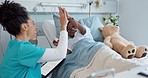 Happy woman, doctor and high five with child patient for success, teamwork or good job on hospital bed. Friendly female person or medical nurse touching hands of little boy smile in support at clinic