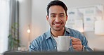 Coffee, business and man with a laptop, smile and website information with a startup, cappuccino and entrepreneur. Portrait, person and consultant with a pc, relax or happy with espresso and internet