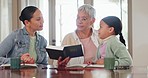 Family, child and reading Bible for christian education, religion teacher and student learning of God at home. Senior woman, grandmother and girl with holy book, talking of gospel, faith or scripture