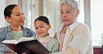 Grandmother, children and reading bible, home religion and christian education with girl, grandmother and parent. Senior woman, family and kid with holy book, learning gospel or scripture of god