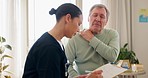 Clipboard, medical and nurse with senior man for shoulder pain or injury treatment in nursing home. Checklist, discussion and female caregiver talking to elderly patient with asthma in retirement.