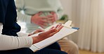 Clipboard, healthcare and closeup of nurse with patient for stomach pain or ache treatment in nursing home. Checklist, discussion and female caregiver talking to person with sickness in retirement.