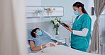 Nurse, face mask and tablet for patient in bed virus recovery, consultation or healthcare in hospital. Sick woman, technology and medical doctor with test results for surgery research, advice or help