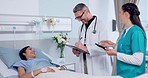 Happy man, doctor and writing patient results in diagnosis, prescription or healthcare checkup on hospital bed. Male person, medical team or surgeon talking to customer for health advice at clinic